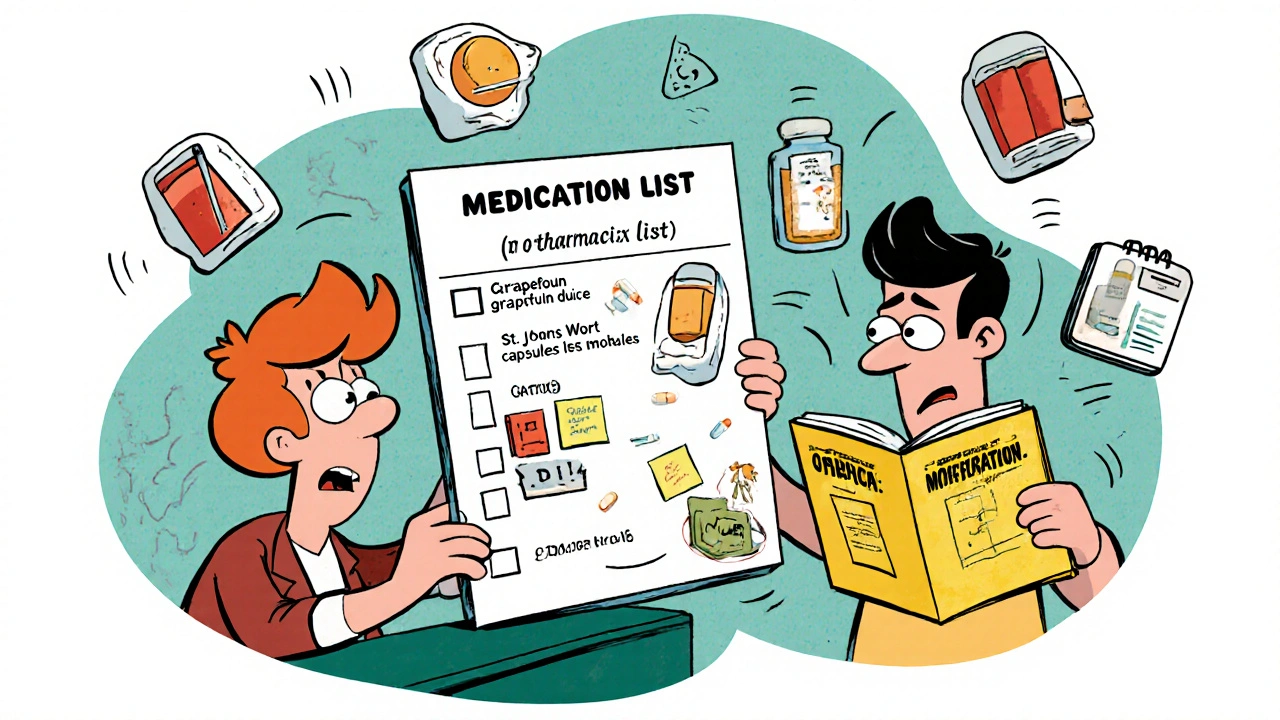 A pharmacist reviewing a chaotic list of pills and supplements with a patient holding a symptom notebook.