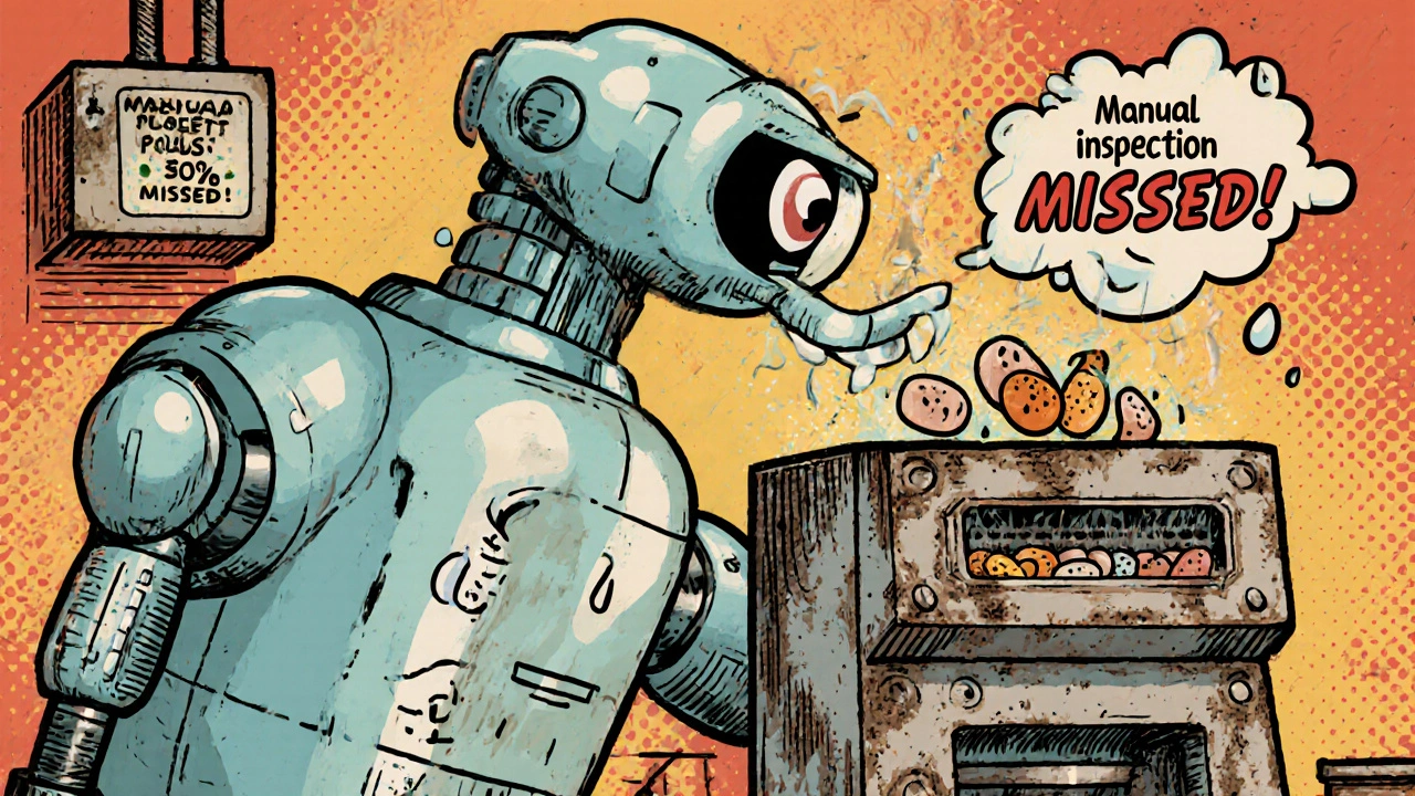 A robot inspector rapidly checking pills while an old machine spits out defective ones, in retro Hanna-Barbera cartoon style.