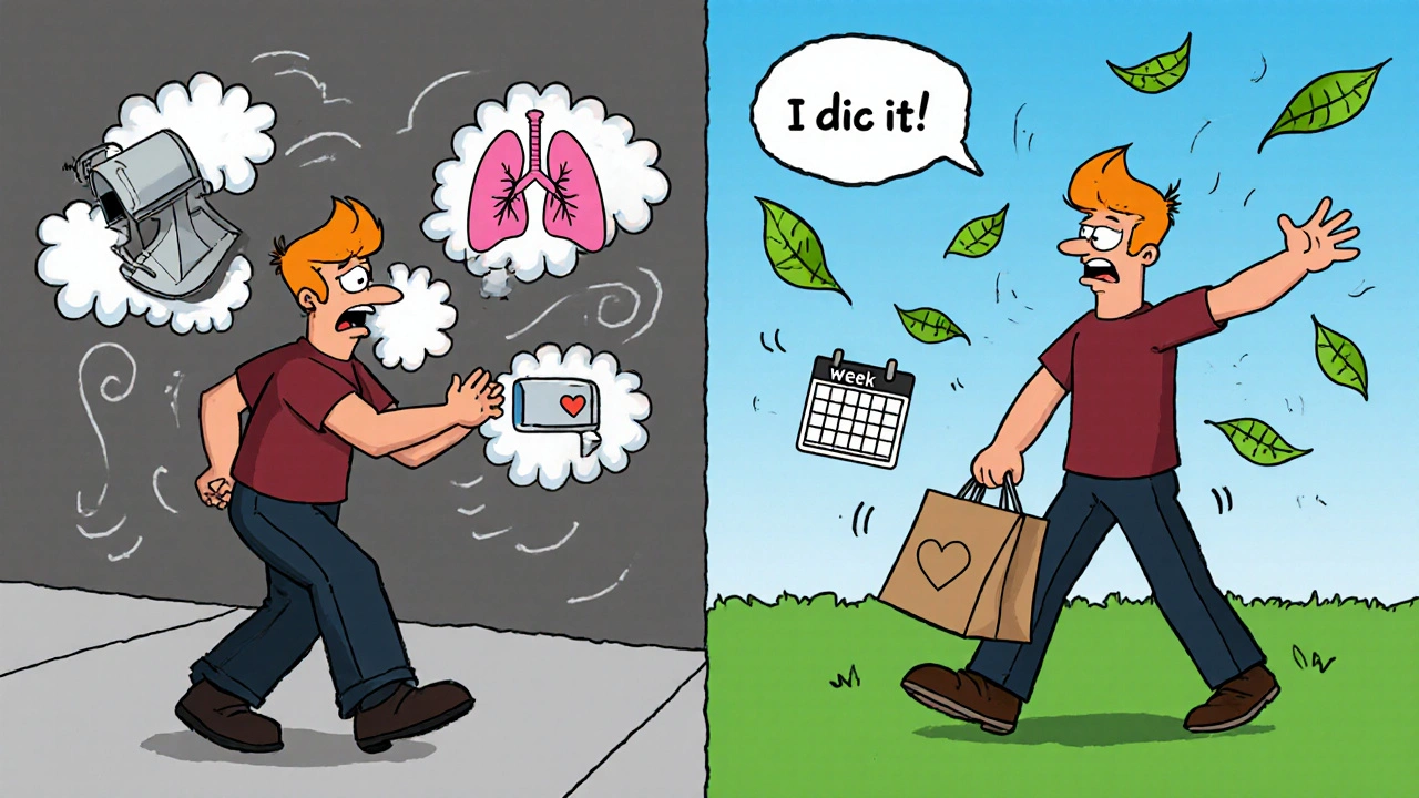 Before and after cartoon scene of a man walking to his mailbox, now confident with groceries.
