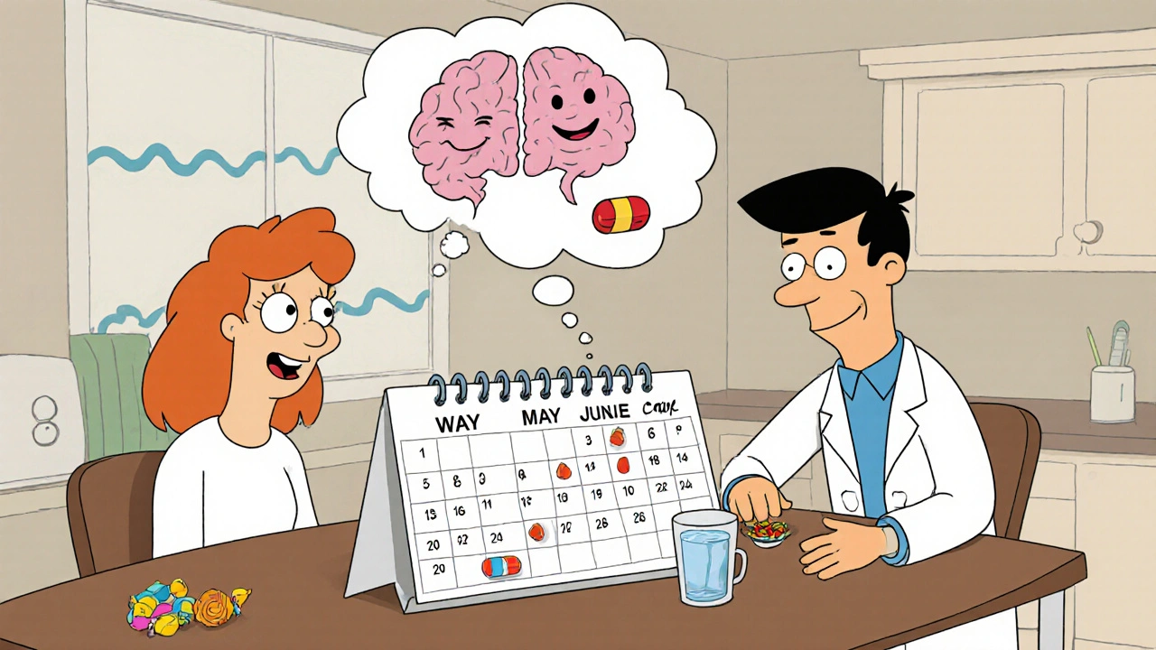 Doctor and patient at kitchen table using a calendar to cross-taper antidepressants in cartoon style