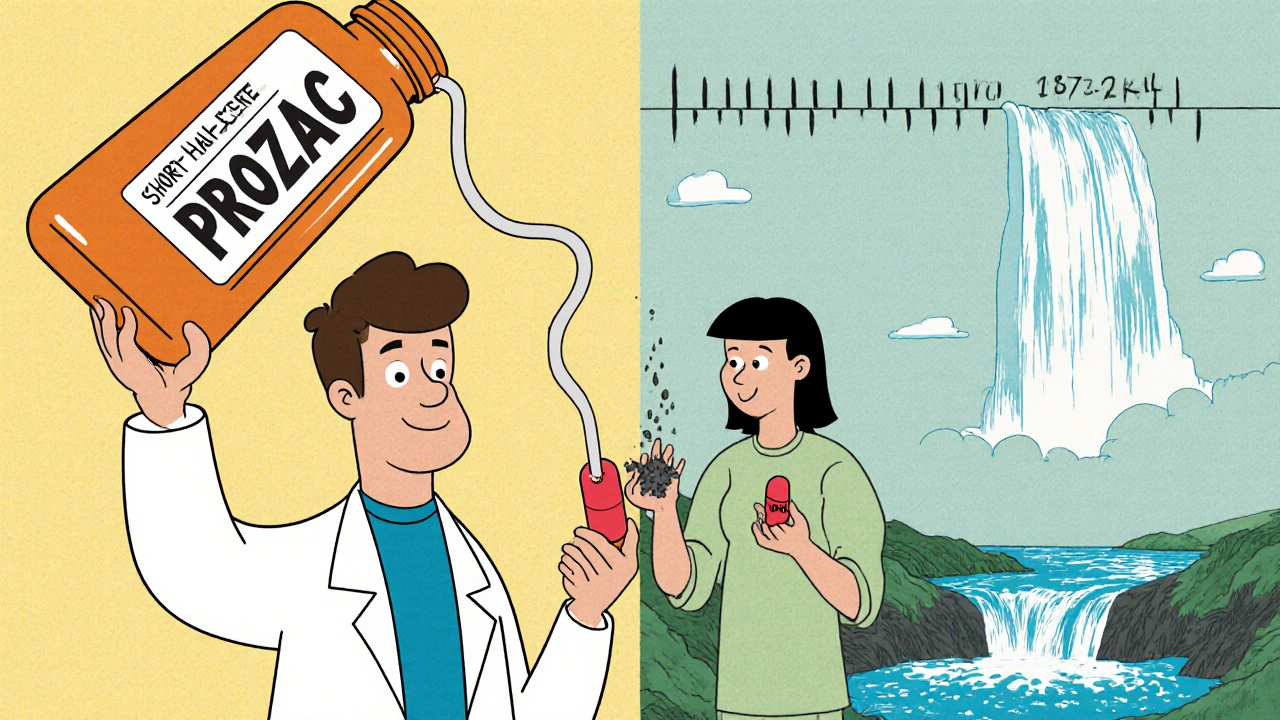 Doctor holding a slow-dripping Prozac bottle next to a crumbling Paxil pill, with contrasting water flow visuals.