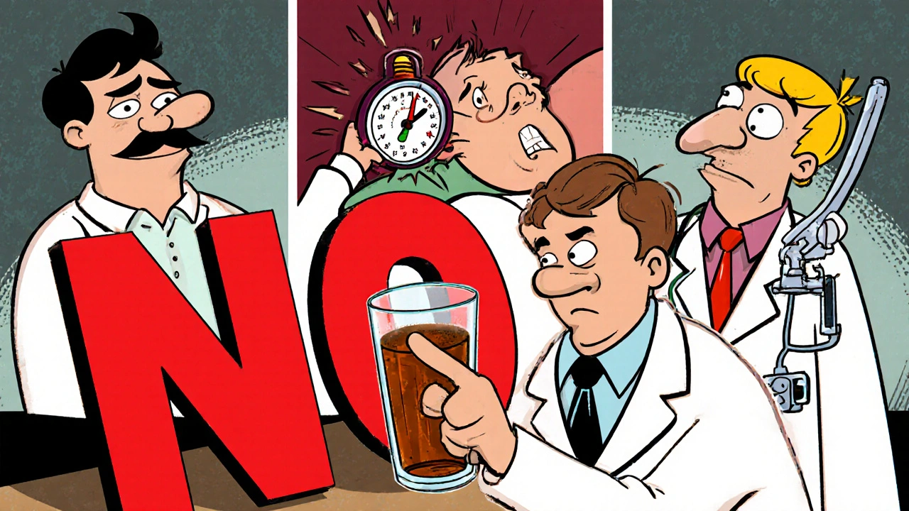 Doctor warning against alcohol with three patients showing dangerous reactions