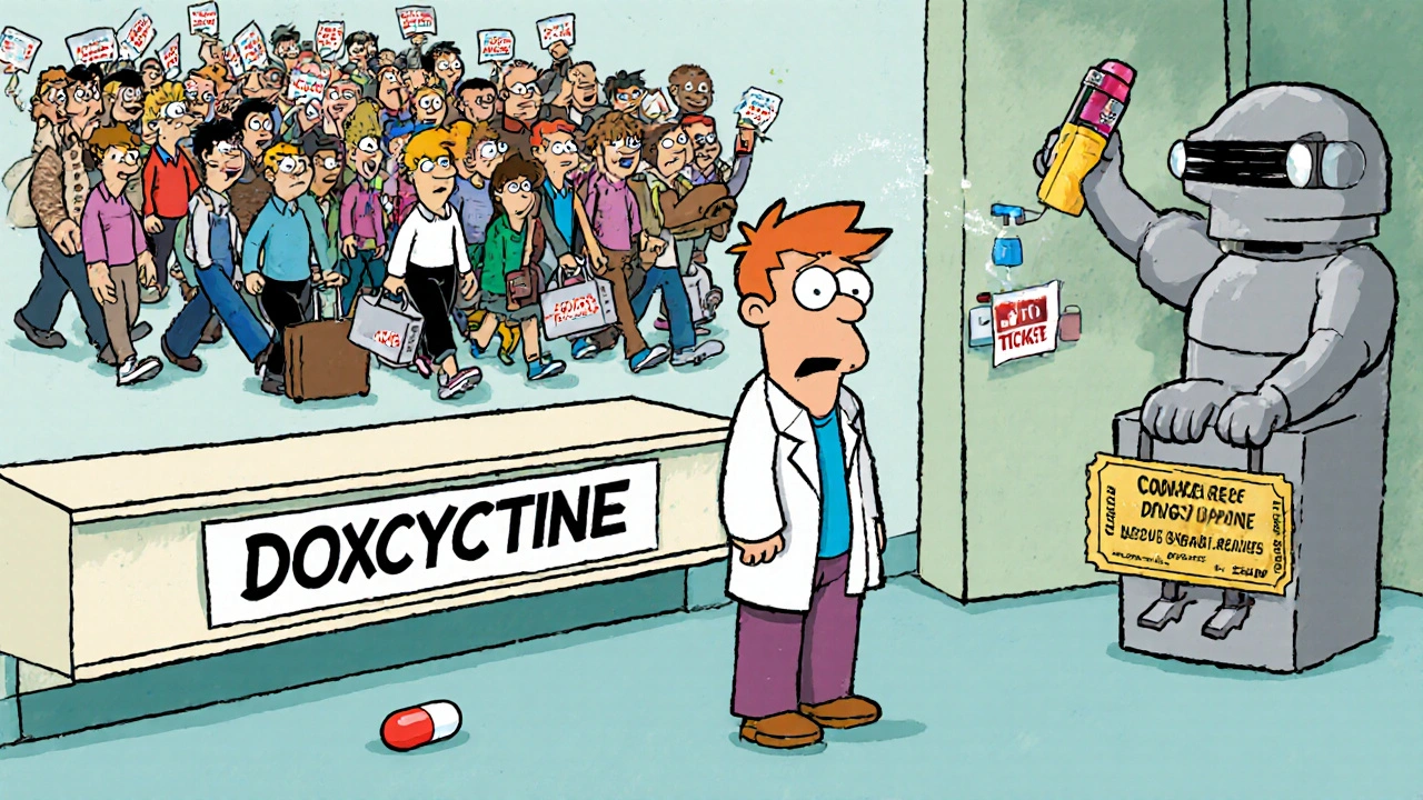 Empty shelf of generic antibiotics as manufacturers leave, while a robot offers support for complex drugs.