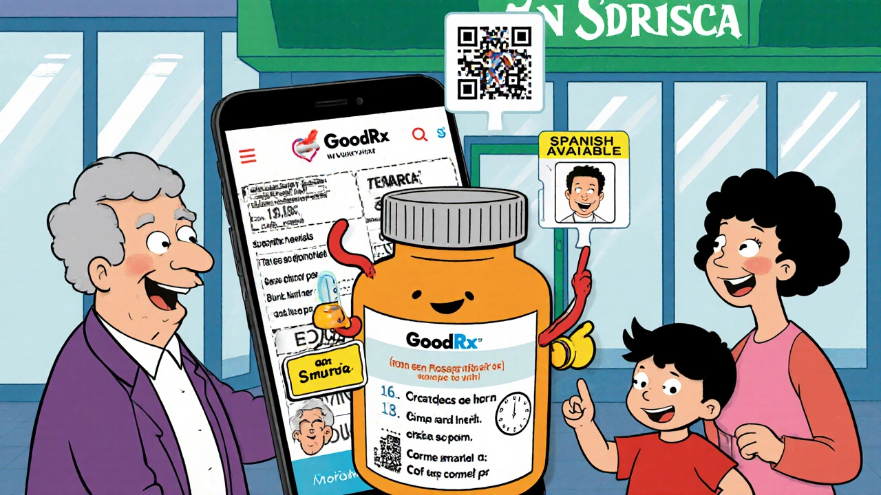 Family using phone app to scan prescription, simplified cartoon instructions appear with smiling pill character.