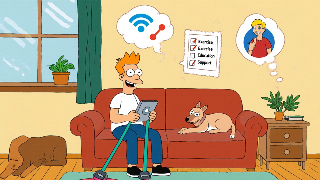 Home-based pulmonary rehab with patient using resistance bands and video-calling a therapist.