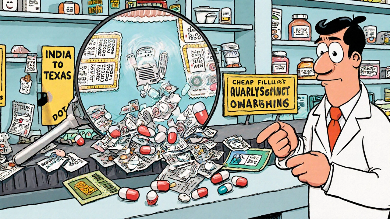 Magnifying glass revealing uneven doses in generic pills falling from broken packs on a pharmacy shelf.