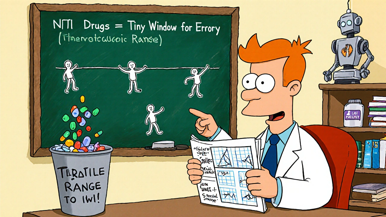 Patient showing symptom log to doctor while a chalkboard illustrates narrow therapeutic range dangers.