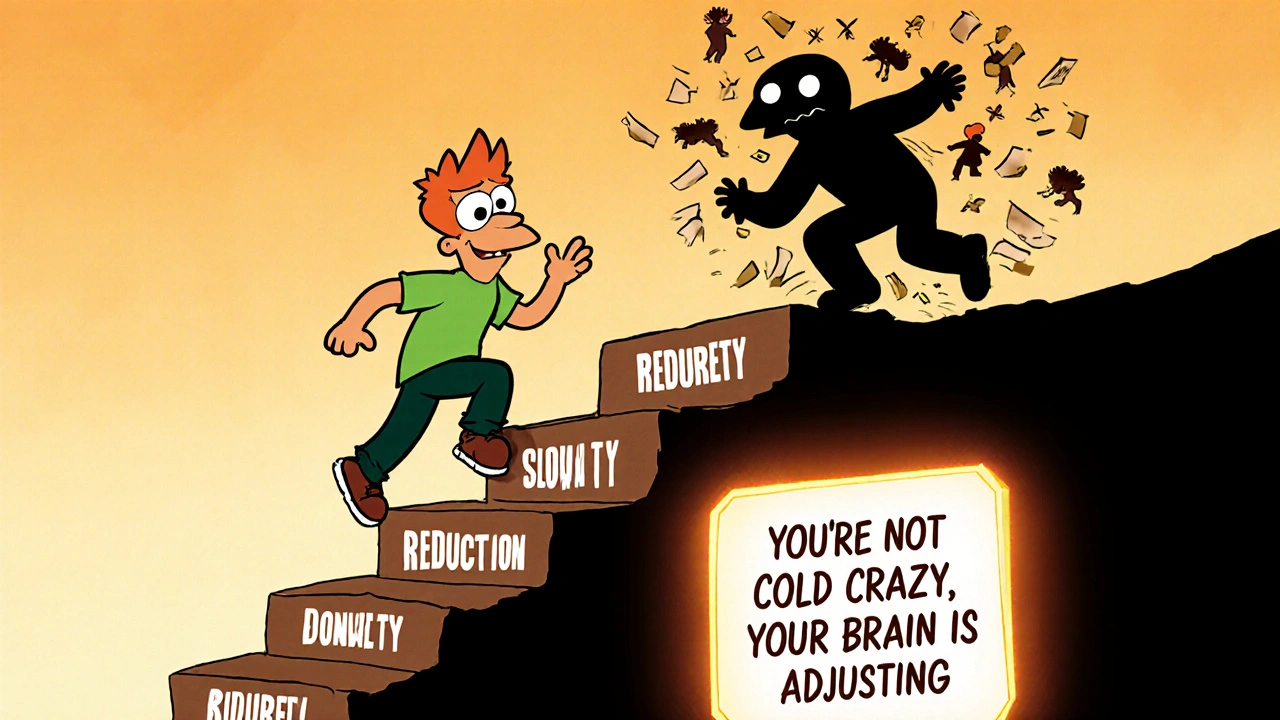 Person carefully descending a tapering staircase while cold turkey tumbles away, in classic Hanna-Barbera cartoon style.