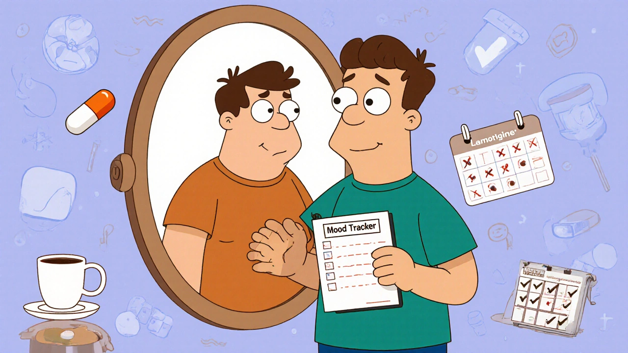 Person in mirror seeing two versions of self, with mood tracker journal and metformin pill, Hanna-Barbera illustration.