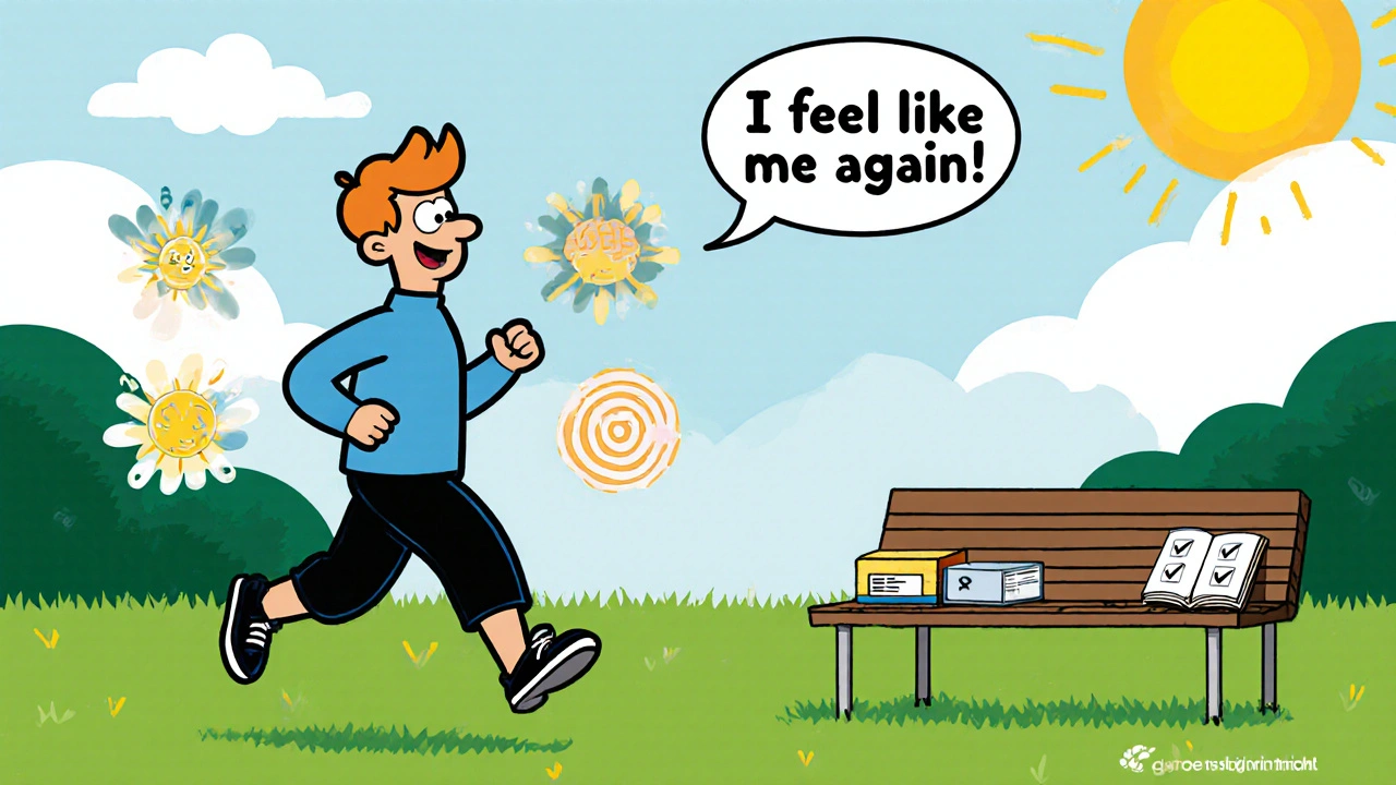 Person jogging happily as withdrawal symptoms fade into sunshine in Hanna-Barbera cartoon style