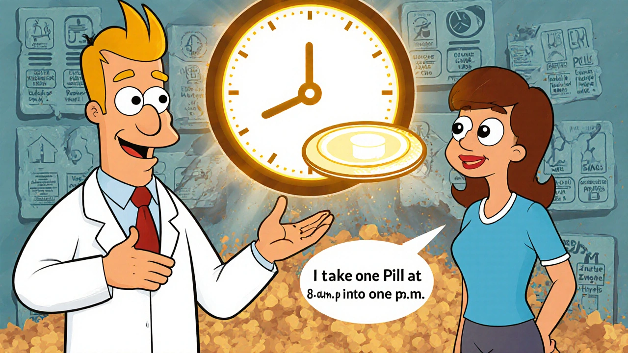 Pharmacist and patient smiling with clear clock and food icons, outdated labels crumbling behind them.