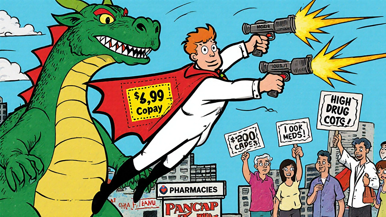 Pharmacist superhero flying over city, shooting discount rays at dragon labeled &#039;High Drug Costs&#039;.