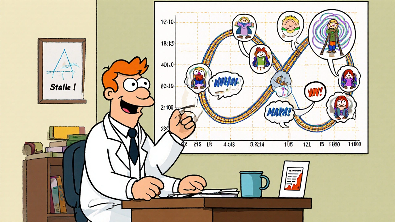 Psychiatrist and patient beside a mood rollercoaster graph, floating side effect icons, vintage cartoon style.