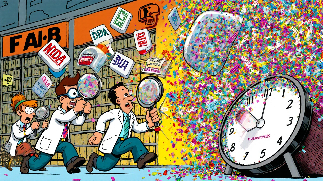 Regulatory professionals searching drug labels with magnifying glasses as medical terms explode in confetti.