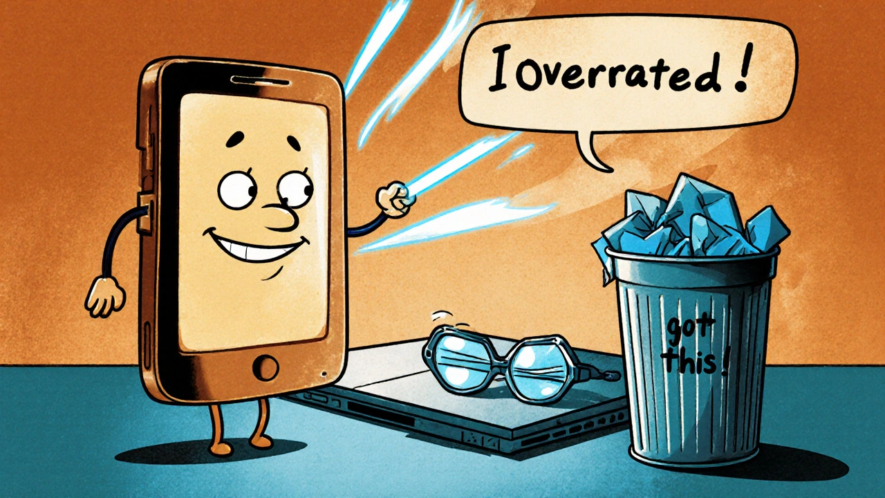 Smiling devices emitting warm light while blue-light glasses are thrown away, in retro cartoon style.