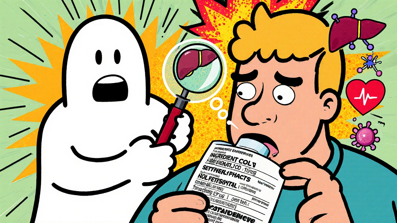 Someone swallowing a cold pill while a ghost pharmacist points out dangerous ingredients with a magnifying glass.