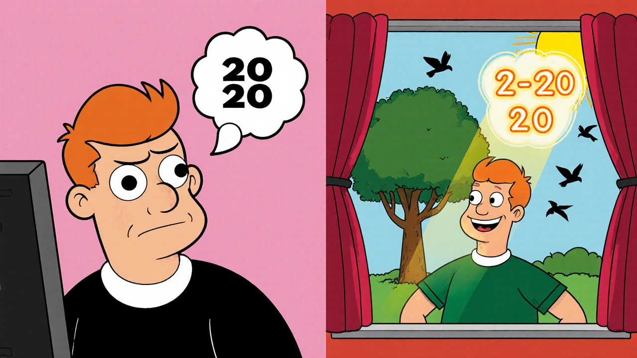 Split scene: strained eyes vs. relaxed person looking out a window, following the 20-20-20 rule.