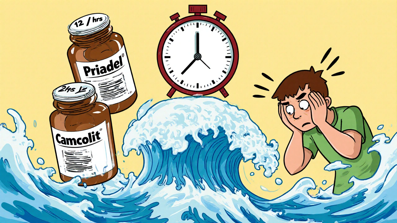 Two generic lithium pill bottles wrestling, causing lithium ions to flood a patient&#039;s body in a cartoon style.