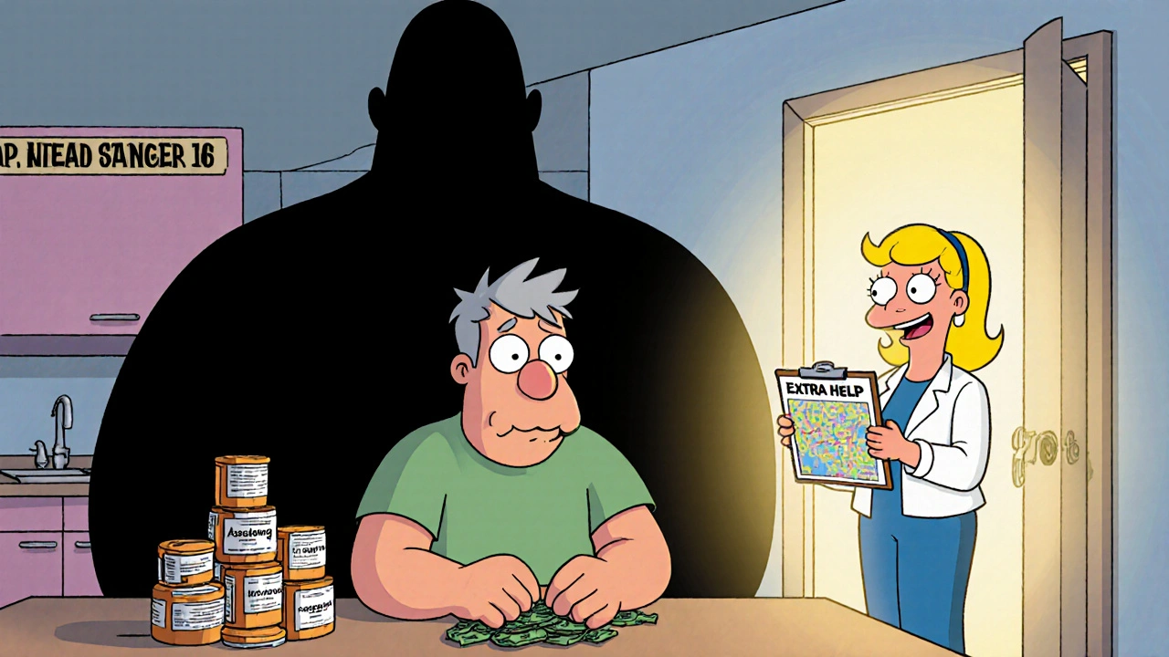 Worried person at kitchen table with shadowy &#039;Assistance Gap&#039; figure and SHIP counselor portal.