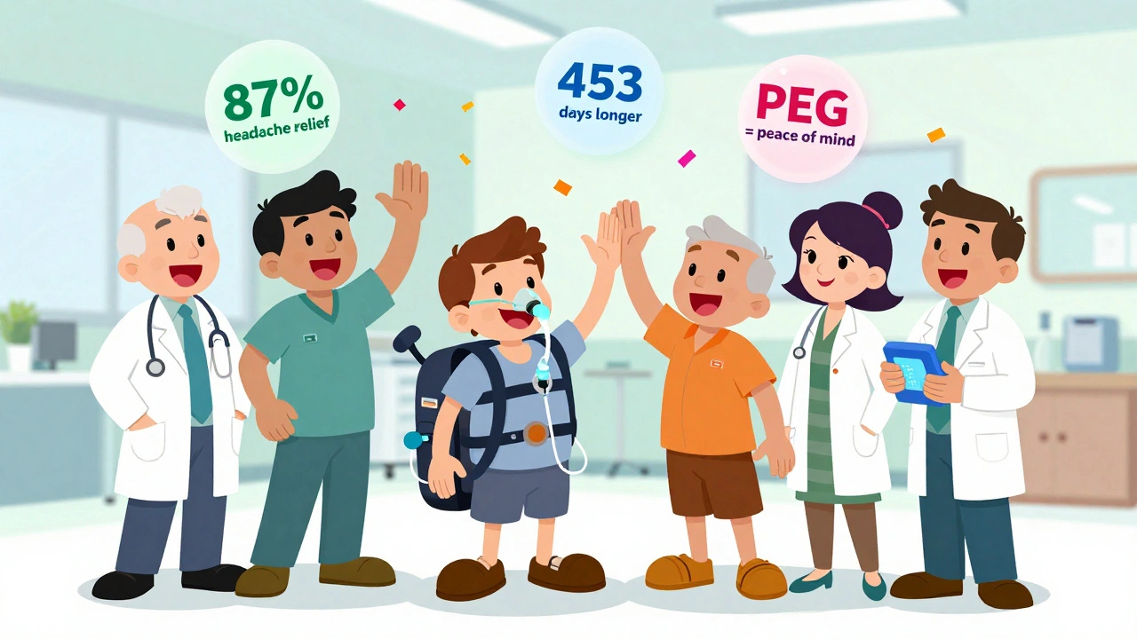 A cheerful ALS care team high-fiving beside a patient using a daytime ventilator, with positive outcome icons floating around.