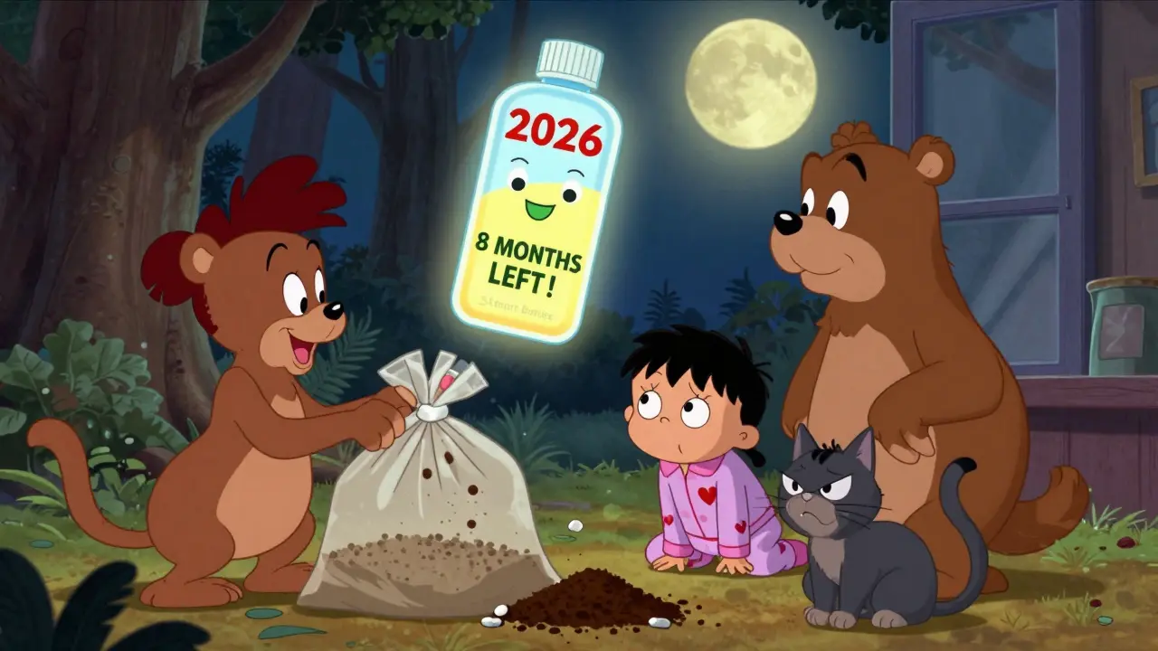 A family disposing of expired pills with coffee grounds and litter, next to a smart pill bottle.