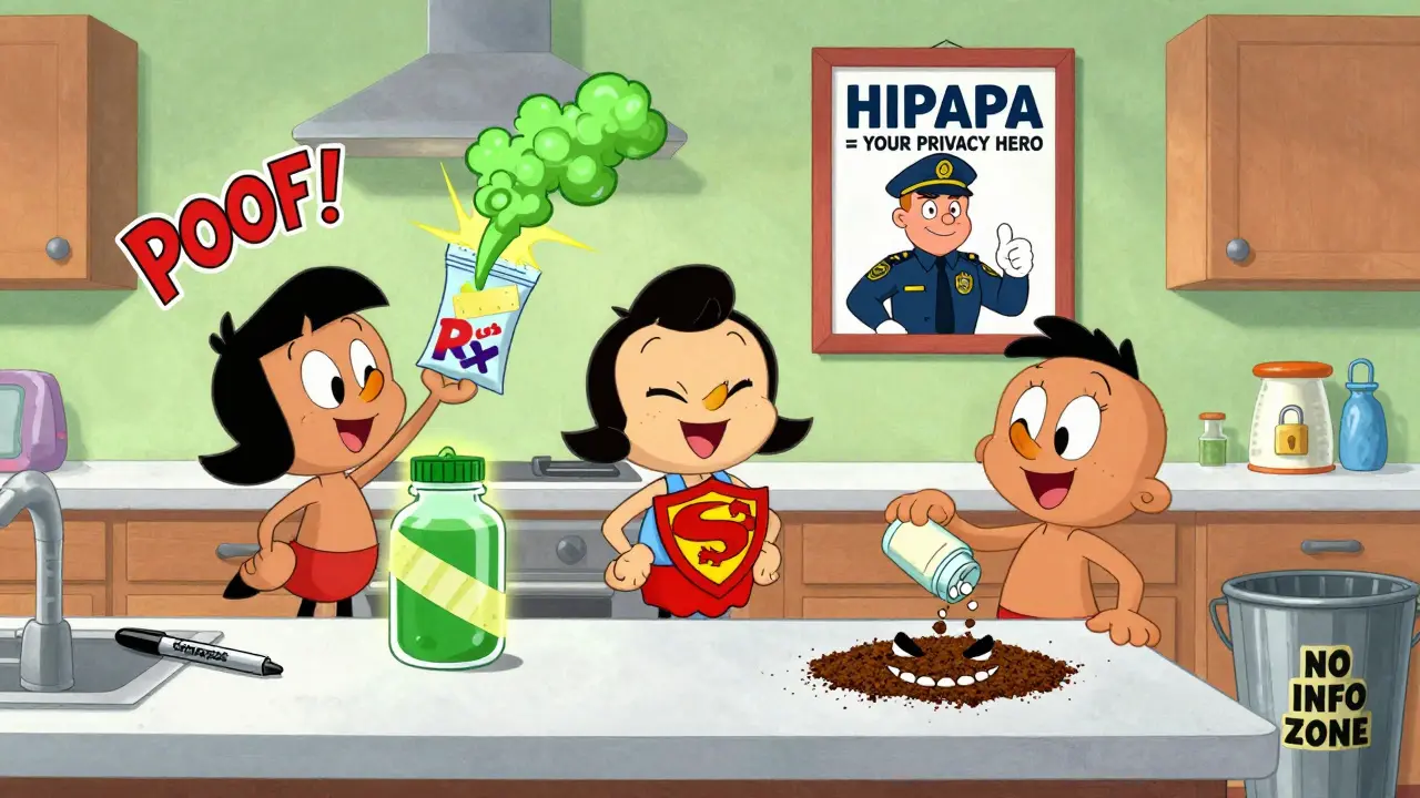 A family uses different methods to safely dispose of medications, including a deactivation pouch and duct tape over a bottle.