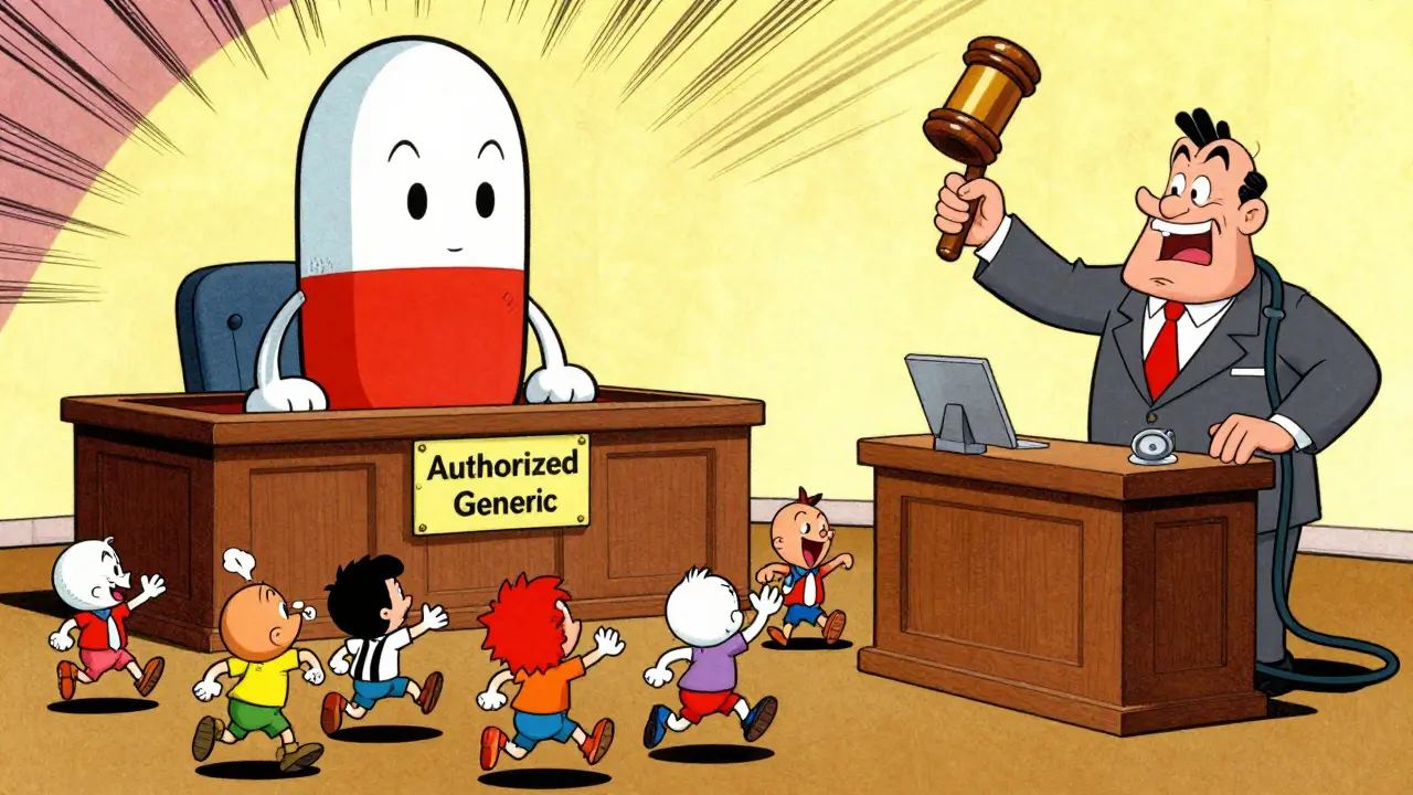 A giant pill on trial in court as pharma executives chase away smaller generic competitors.