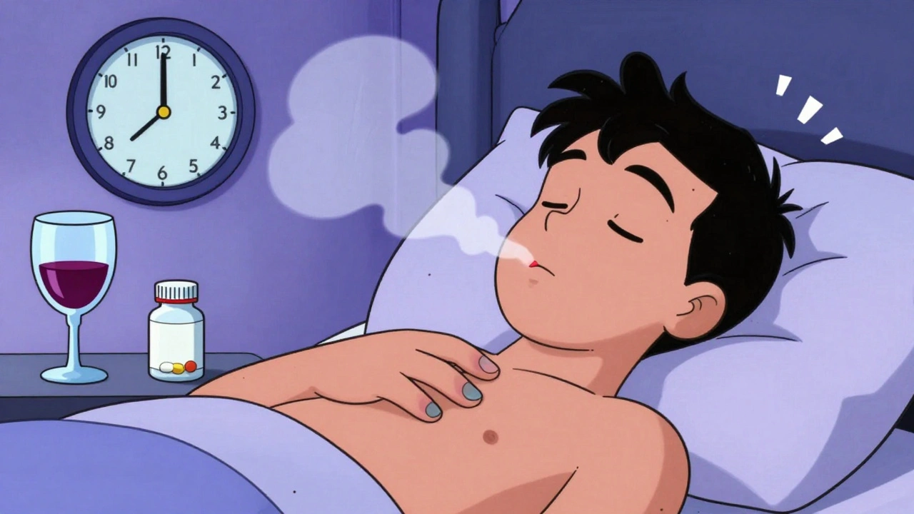 A hand counts slow breaths on a sleeping person as cyanosis spreads, with wine and pills in the background.