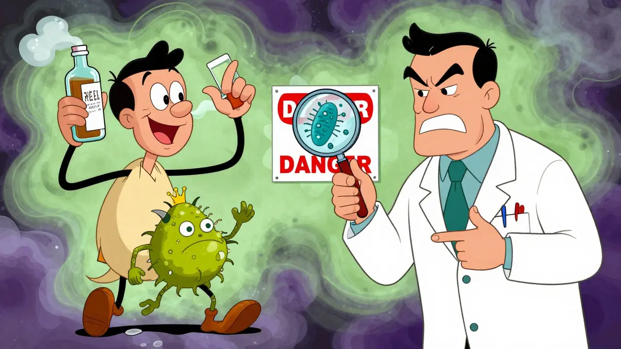 A man drinking expired cough syrup while germs dance in the liquid, cartoon illustration.