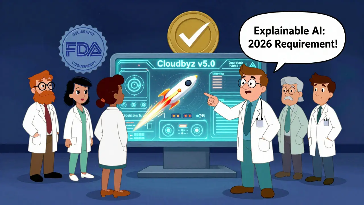 A medical team reviews AI-generated safety alerts on a glowing dashboard with human oversight.