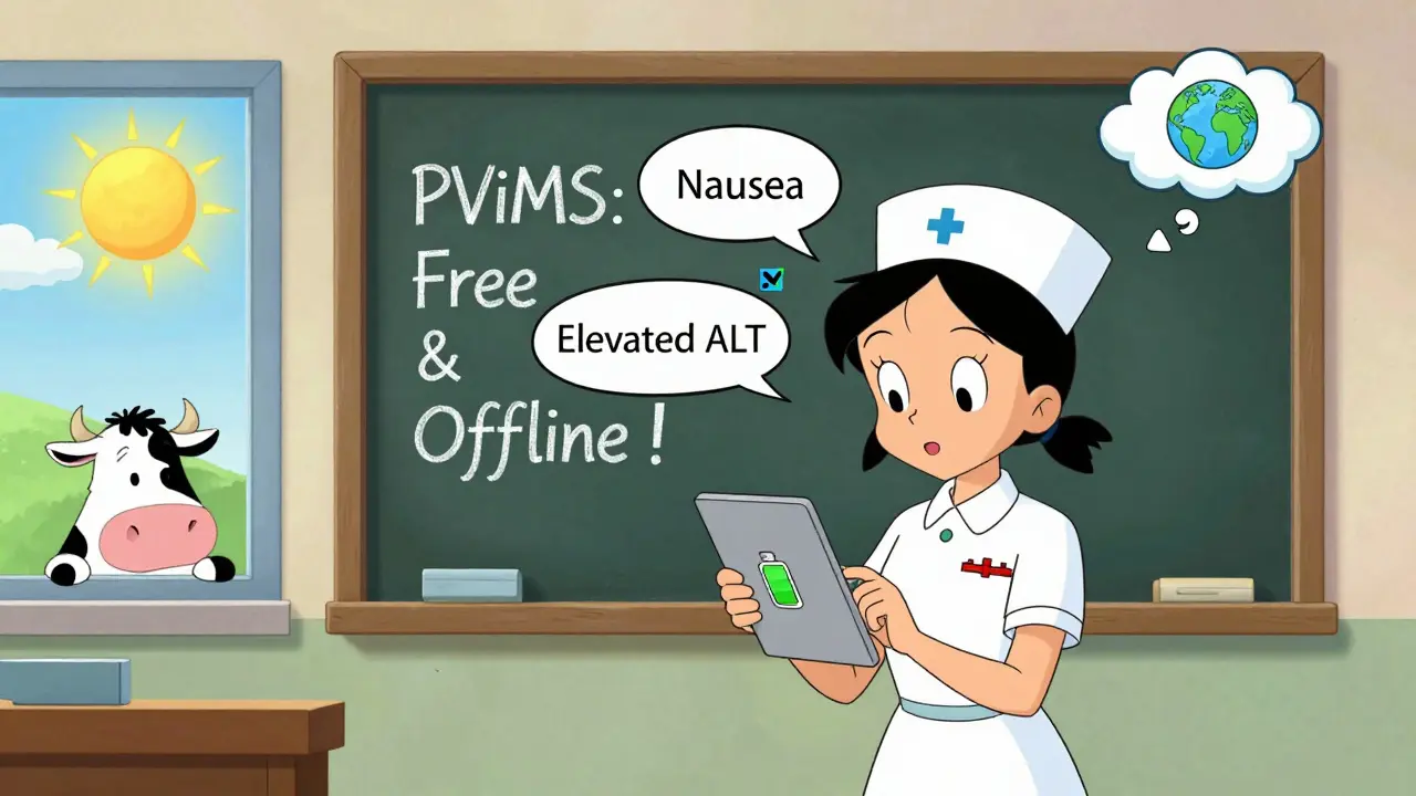 A nurse uses the free PViMS app in a rural clinic with low battery and offline capability.