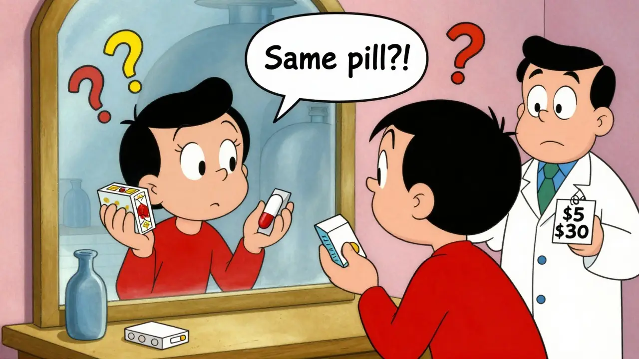 A patient confused by two identical pills in different boxes, with price tags and a mirror reflection.