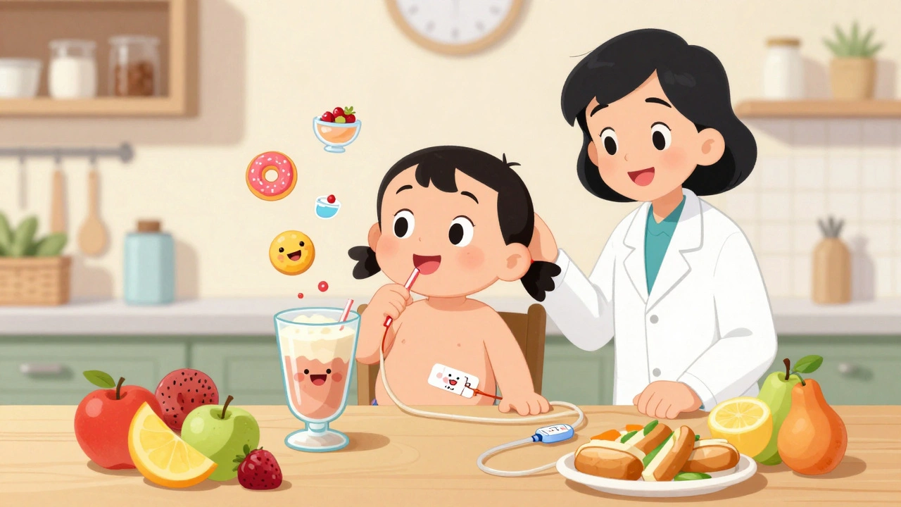 A patient drinking a thick shake at a colorful kitchen table with a dietitian, floating calorie icons rising from the glass.