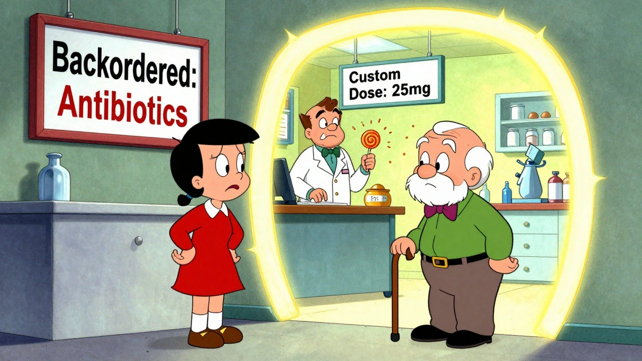 A patient faces a closed pharmacy as a portal reveals a compounding lab crafting a lollipop-shaped pill for an elderly man.