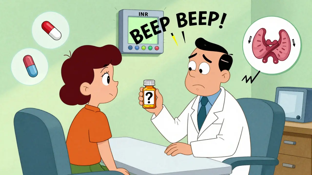A patient looks worried as a medical meter spikes wildly with cartoonish warning symbols around thyroid and seizure icons.