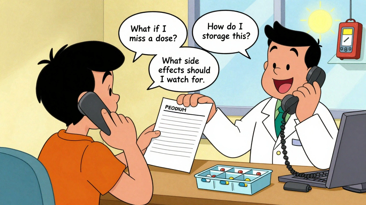 A patient talks to a friendly pharmacist on the phone, holding a medication list and asking three key safety questions.
