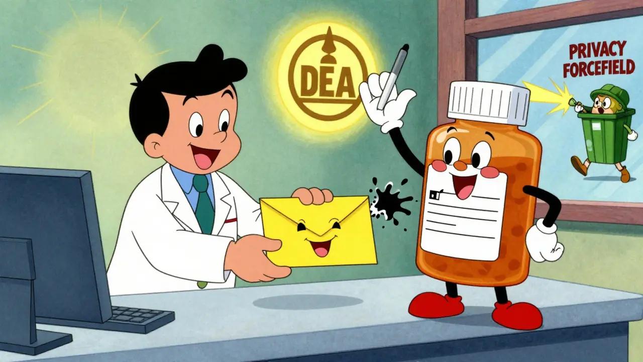 A pharmacist hands a customer a mail-back envelope for safe medication disposal, with a glowing DEA logo in the background.