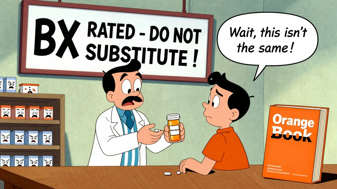 A pharmacist hands a pill bottle to a confused patient while a giant 'BX RATED' sign looms overhead in cartoon style.