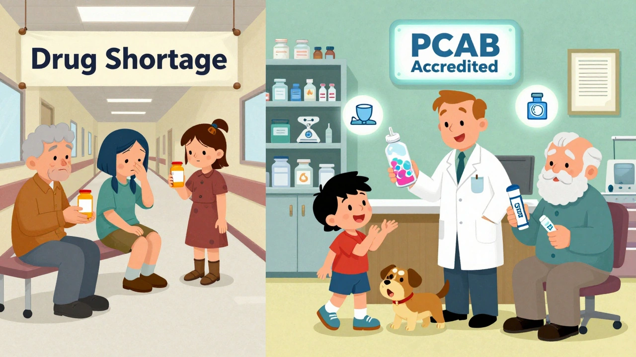 A split scene: frustrated patients in a hospital hallway vs. happy patients receiving custom meds in a cheerful compounding pharmacy.