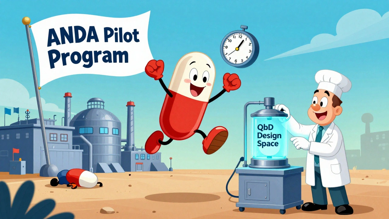 A U.S. factory with a flag celebrating faster FDA approval, a happy pill, and a scientist using QbD tech.