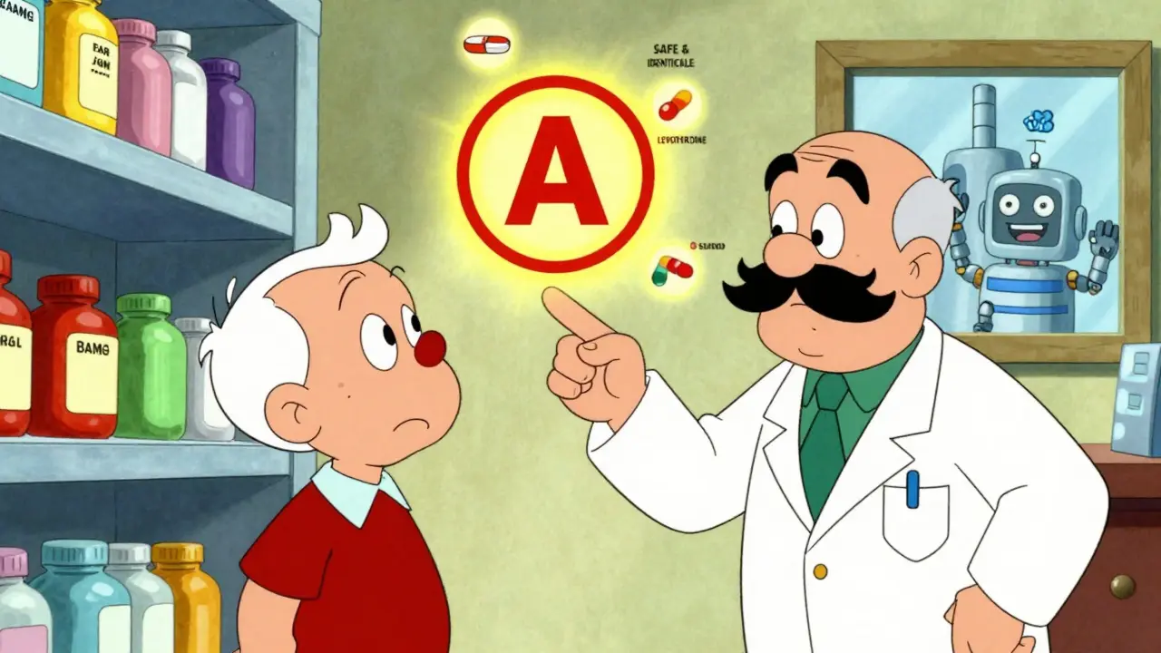 An elderly man at a pharmacy sees giant 'A' ratings above generic pills, guided by a wise pharmacist in Hanna-Barbera style.
