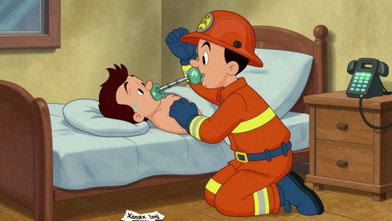 An emergency responder performs rescue breathing on an overdosed person, phone and pill bottle visible nearby.