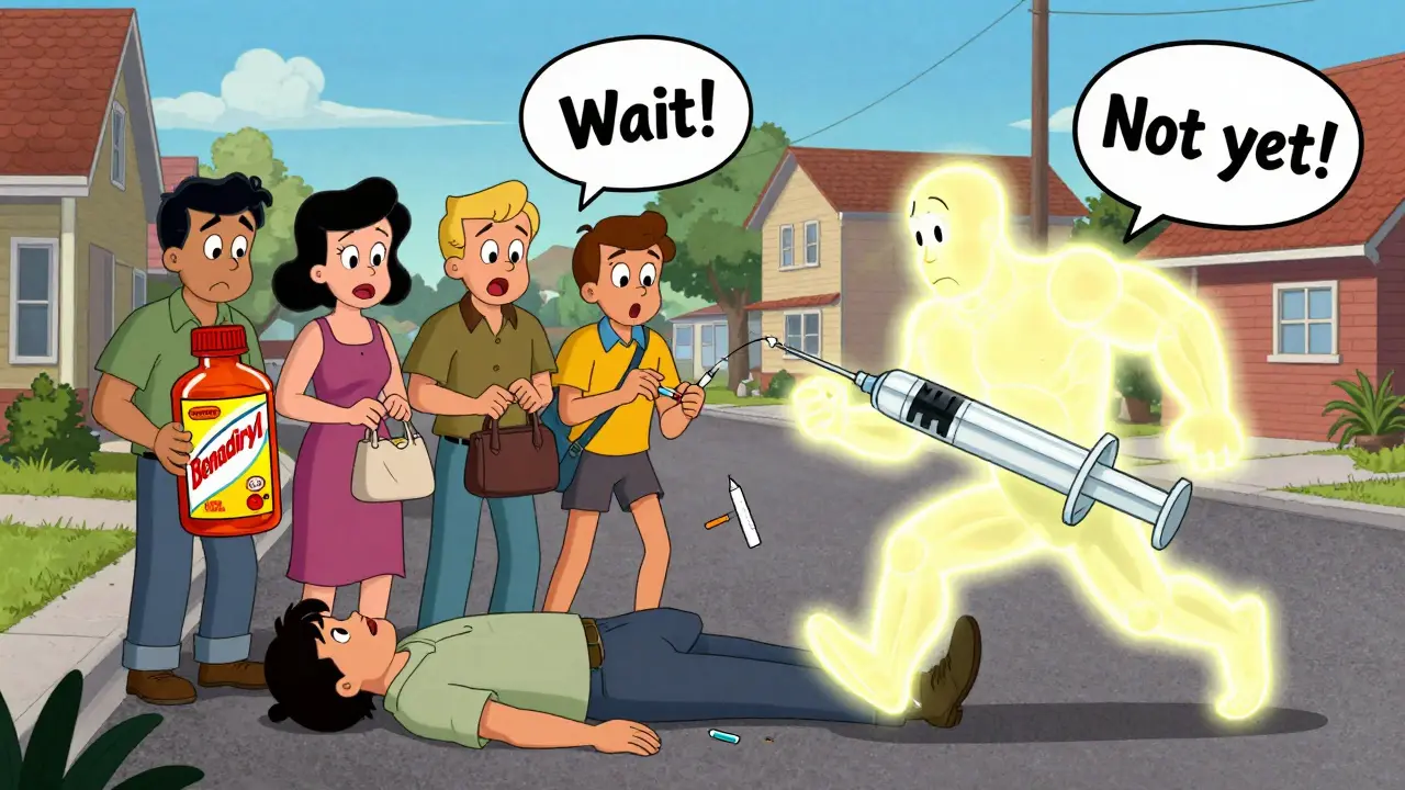 Bystanders misusing Benadryl while epinephrine superhero saves the day