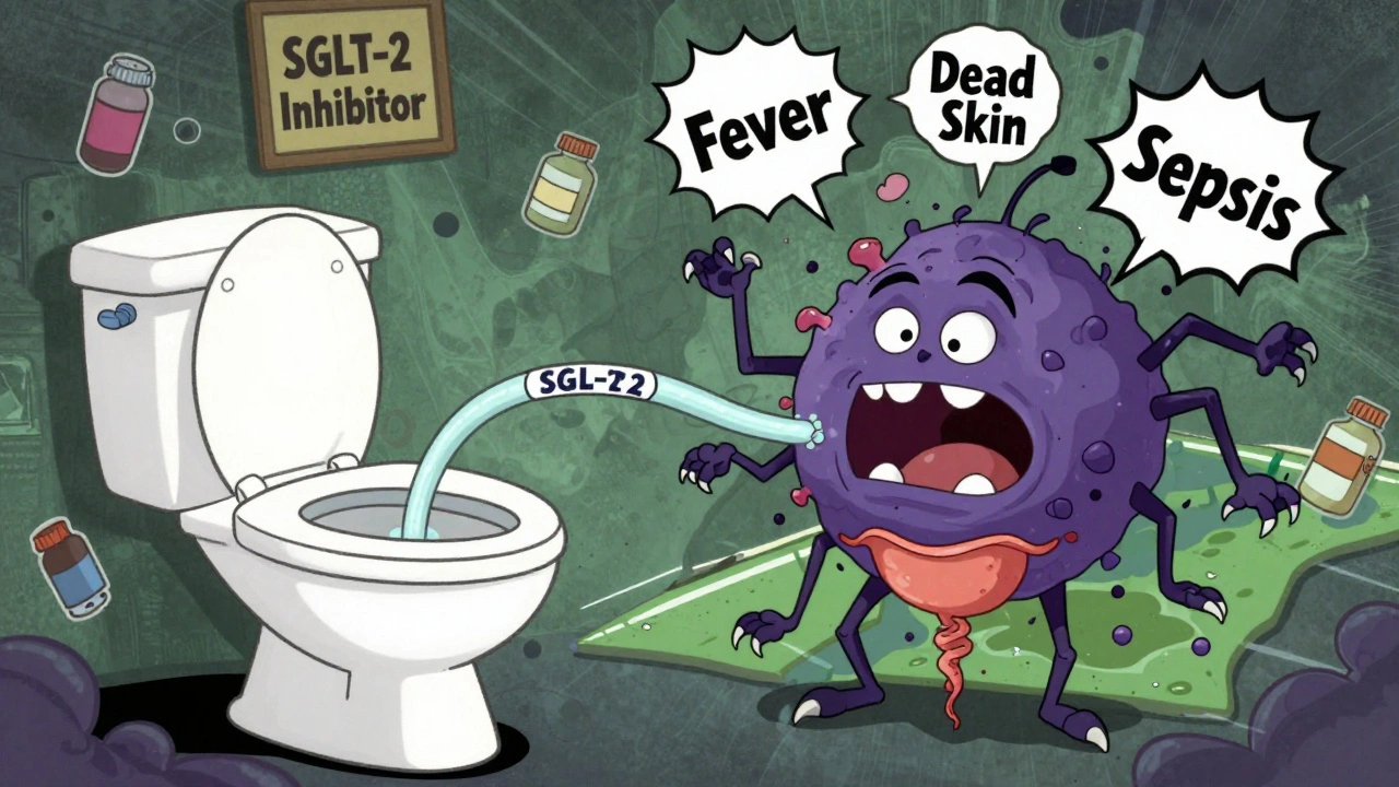 Cartoon bacteria crawling up urine stream, turning into monstrous infection spreading across pelvic map.