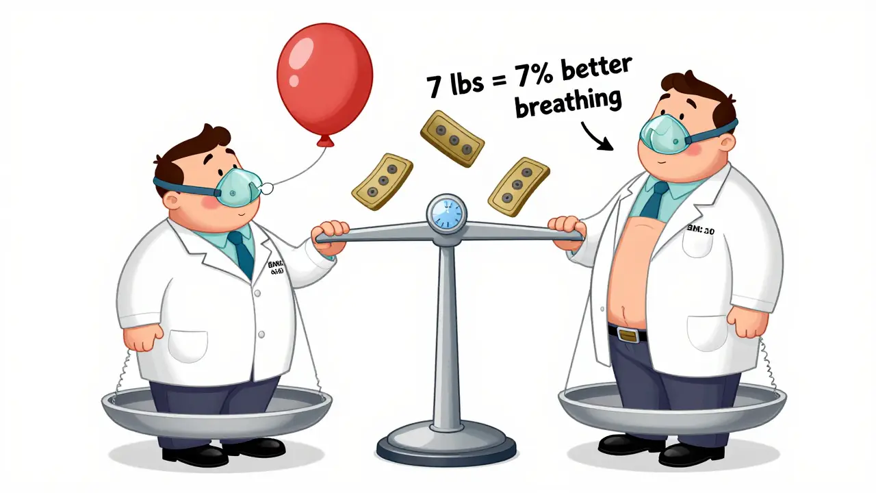 Cartoon comparison of two versions of a man: one with high BMI needing high CPAP pressure, one lean with low pressure.