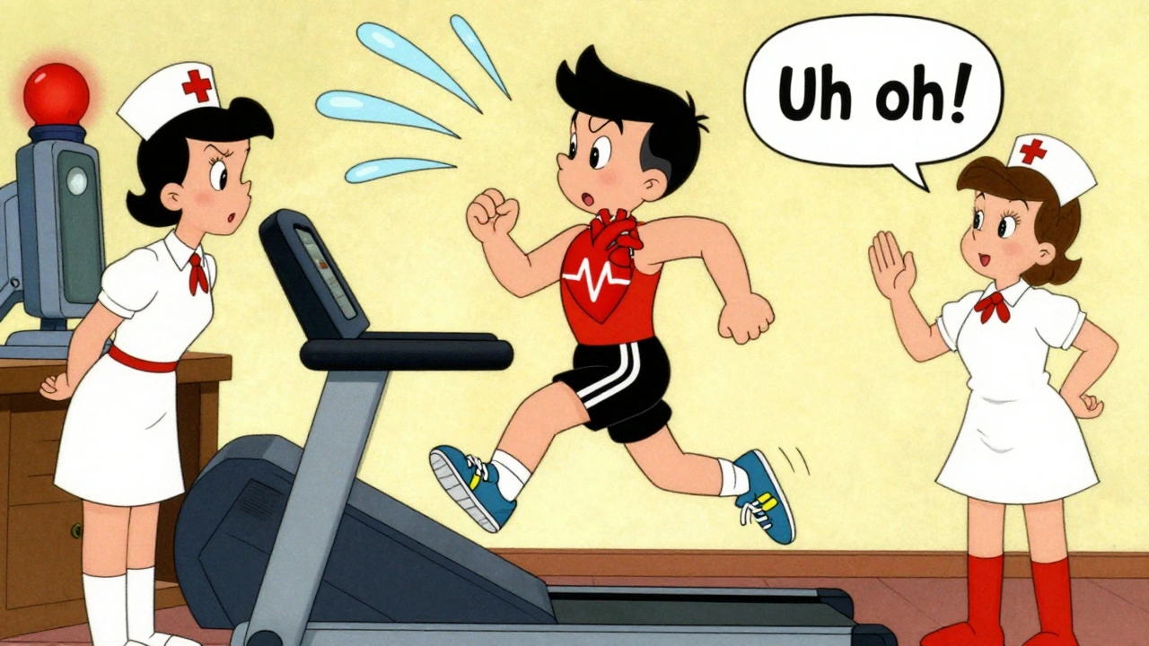 Cartoon person exercising on a treadmill with a dipping ECG line and flashing warning light.