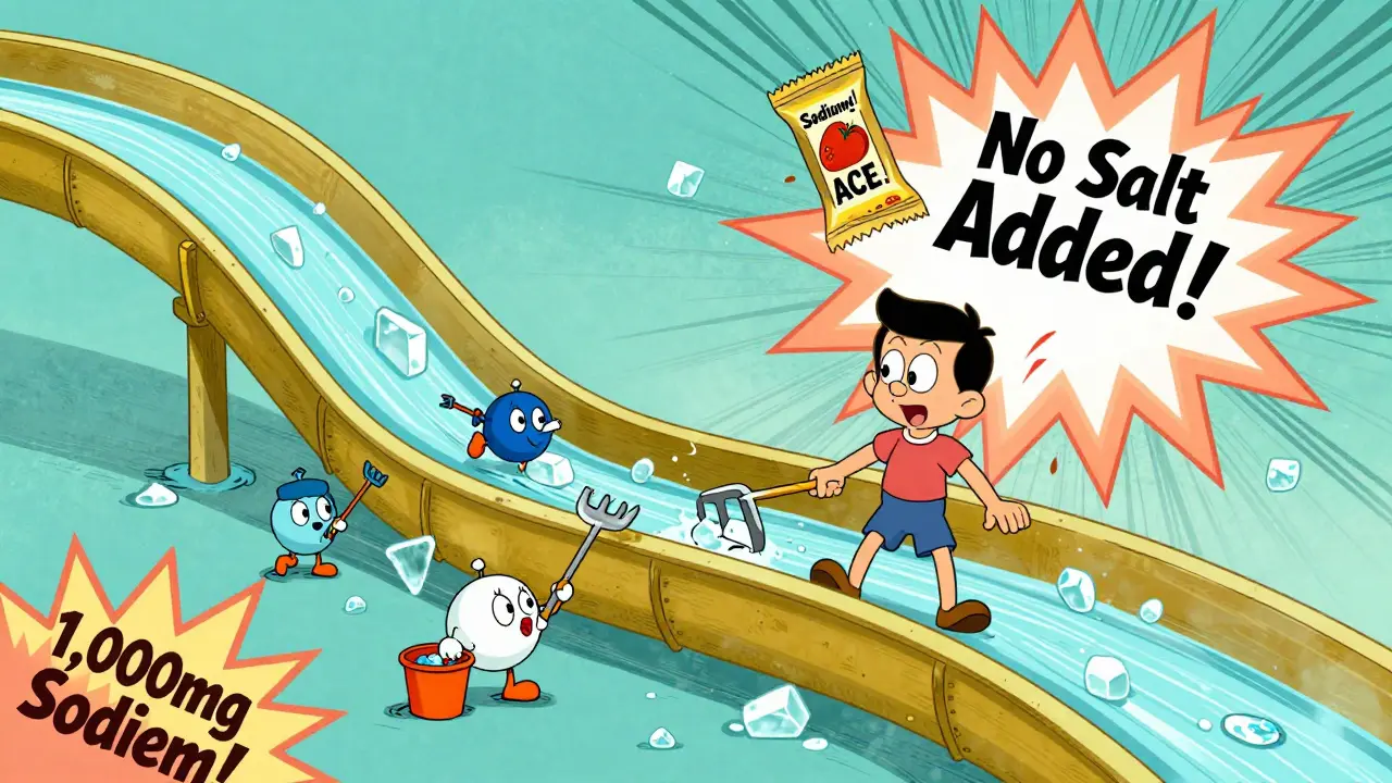 Clogged arteries as a water slide with salt crystals, tiny meds trying to clear it, comic food packages.