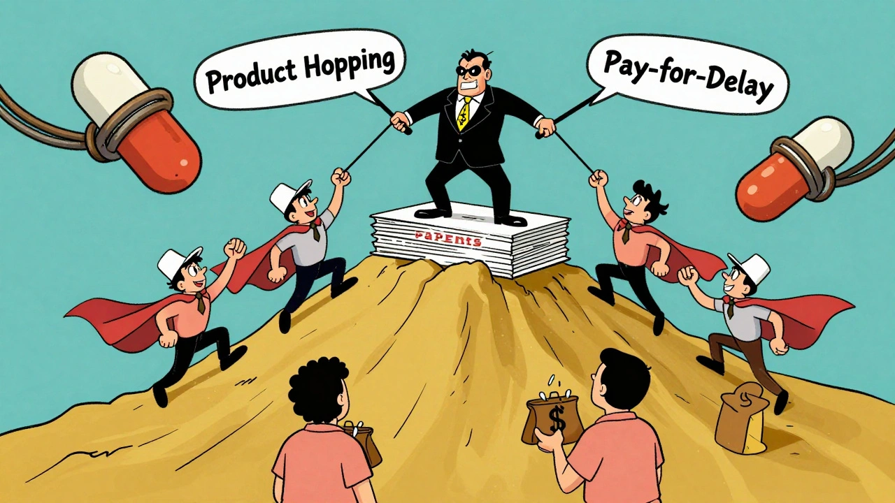 Corporate villain blocking generic drugs with patent levers in cartoon style