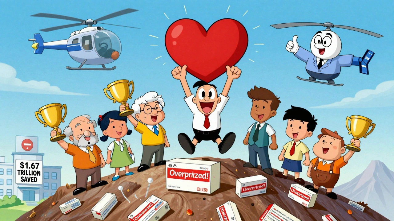 Diverse people celebrating with generic pills atop a mountain of brand-name boxes.