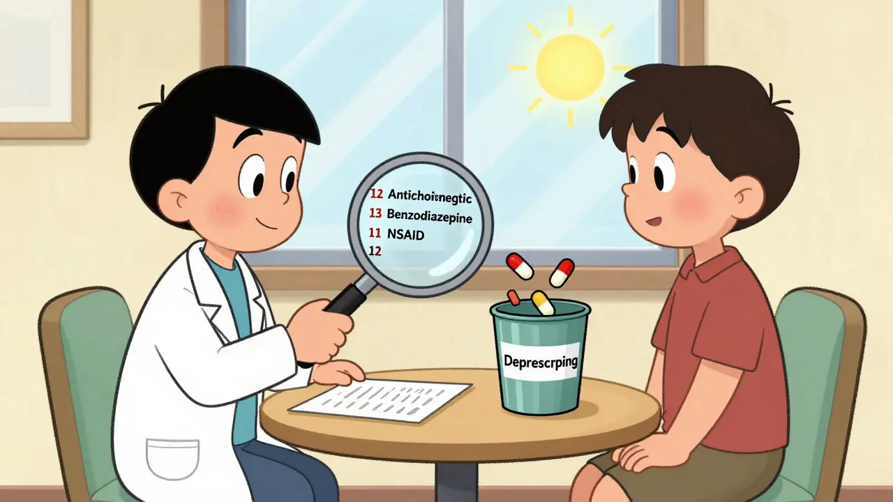 Doctor and patient removing risky pills from a medication list, patient looking better.